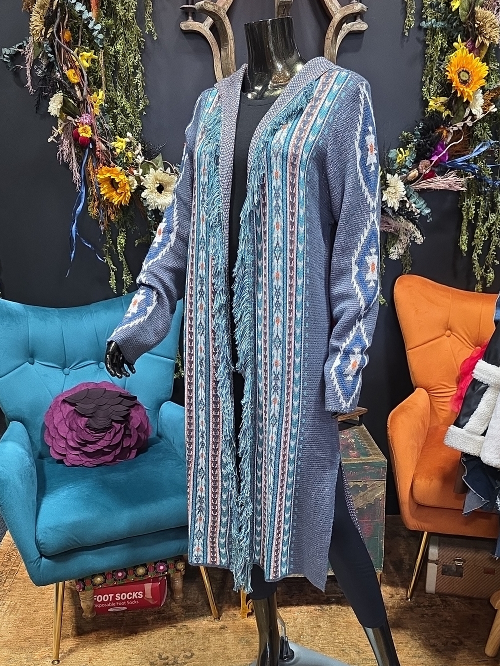 Boho Fringe Hooded Cardigan Sweater w/ Western Pattern